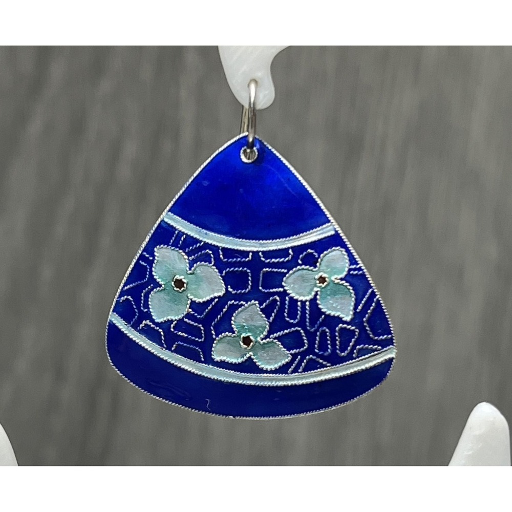Sterling Silver 925 Blue Enamel Floral Dangle Fishhook Earrings